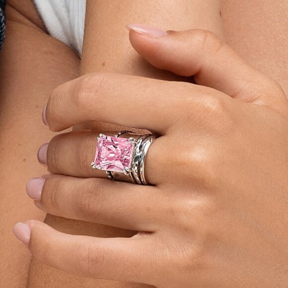Bold Sterling Silver Plated Octagon Large Pink CZ Statement Ring - Picture 4 of 4